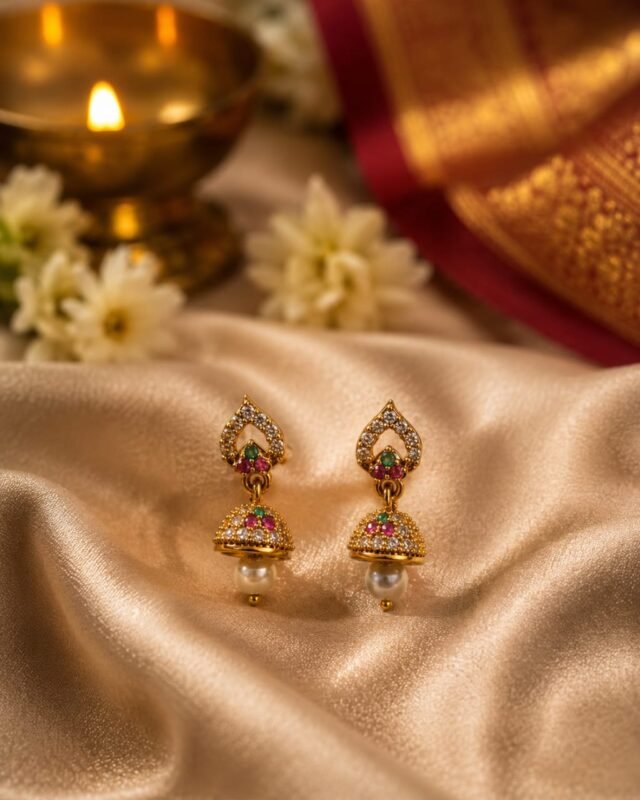 Mini Leaf-Stud CZ Bell Jhumka with Pearl Drop