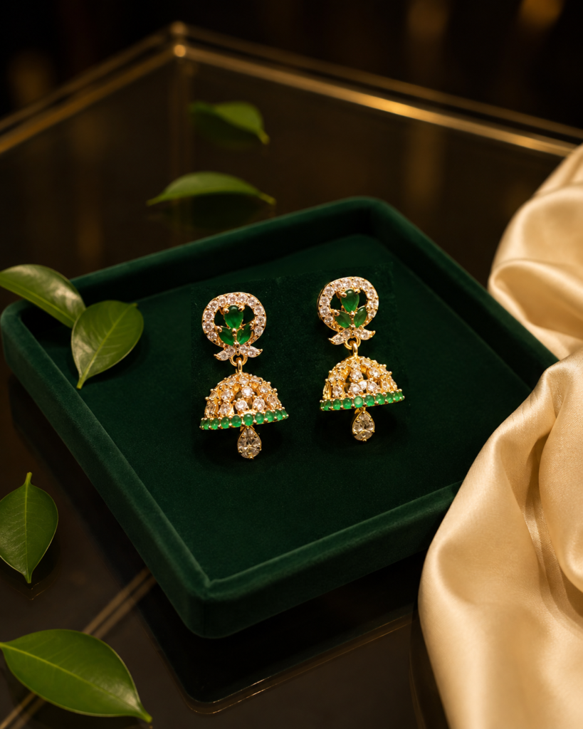 Gulabi Mayura Jhumkas – cz stones